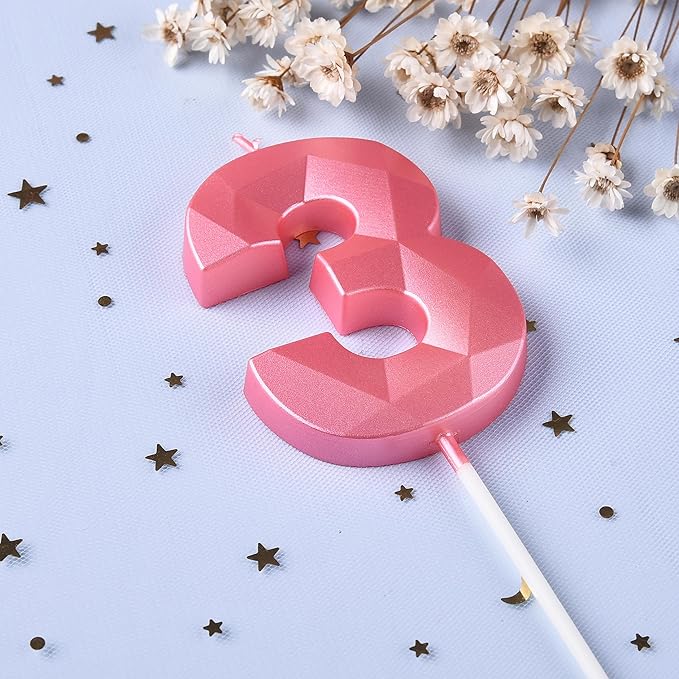 PHD CAKE 2.76 Inch Crystal Pink 3 Number Birthday Candles, Pink Number Candles, Cake Number Candles, Party Celebration