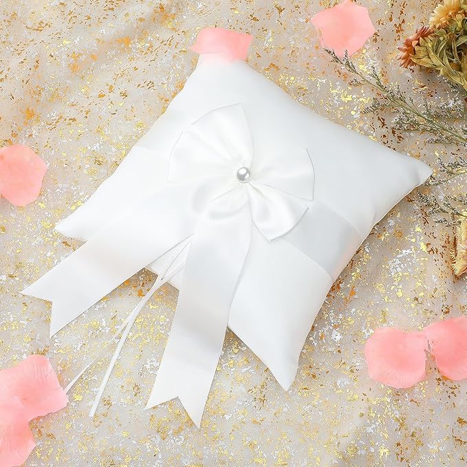 Wedding Ring Pillow Fairy Pearl Ivory Ring Bearer Cushion Bowknot Pocket Rings Bearer Pillow Holder Simple Collection of Big Bow for Wedding Party Ceremony 7.8'' x7.8''