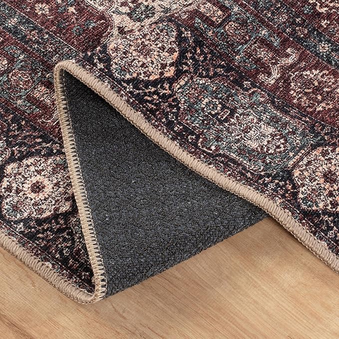 Bloom Rugs Washable Non-Slip 7 ft Runner - Red/Green/Cream Traditional Medallion Runner for Entryway, Hallway, Bathroom, and Kitchen - Exact Size: 2.5' x 7'