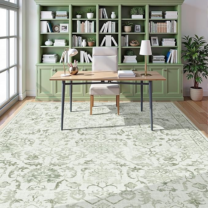 Sage Neutral Large Area Rug 9x12 for Living Room, Washable Rug for Dining Room Bedroom, Anti-Slip Low-Pile and Soft Accent Rug Farmhouse Office Home Decor Light Green