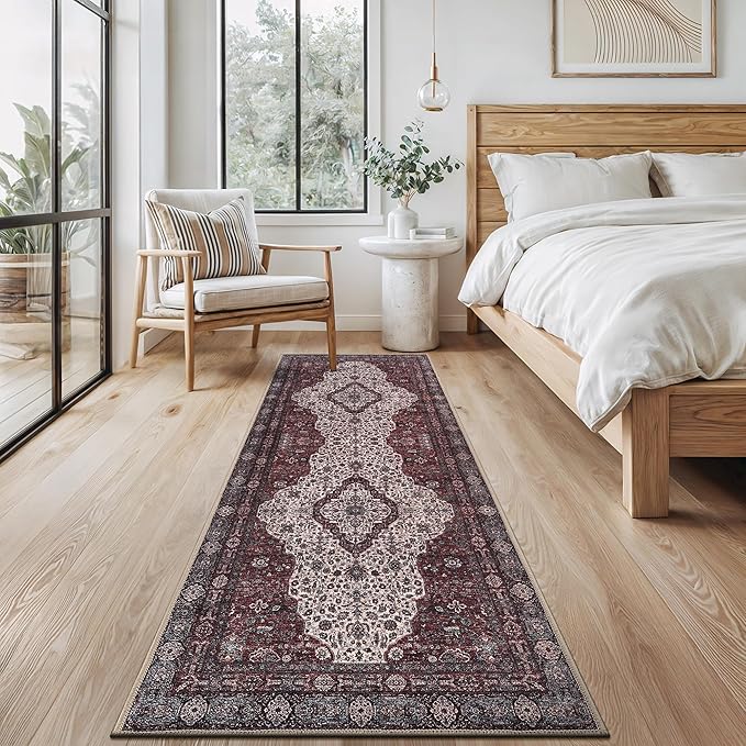 Bloom Rugs Washable Non-Slip 7 ft Runner - Red/Green/Cream Traditional Medallion Runner for Entryway, Hallway, Bathroom, and Kitchen - Exact Size: 2.5' x 7'