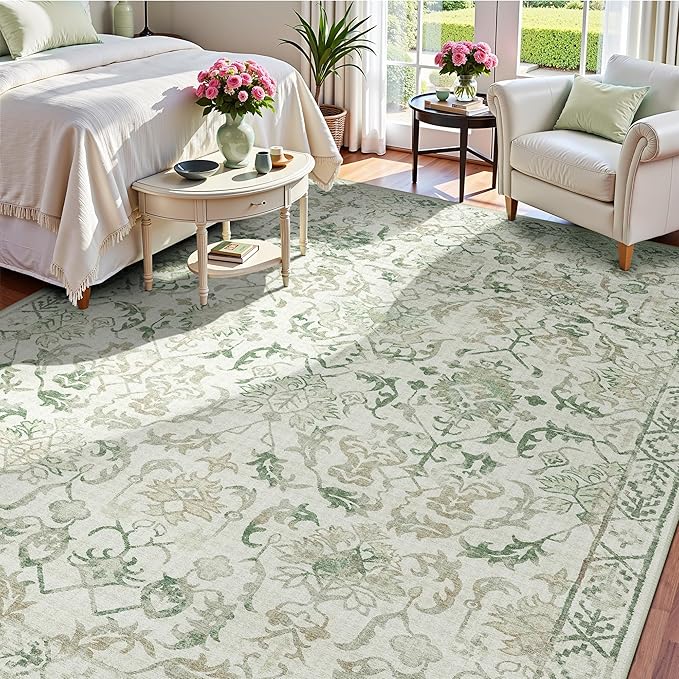 Deerly Green Area Rugs 9x12 for Living Room Soft Non-Slip, Large Bedroom Rug Vintage Dining Room Rug Tribal Farmhouse Carpet for Dining Room Office Green