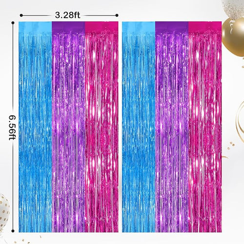 2 Pack Blue Purple Pink Metallic Tinsel Foil Fringe Curtains, Door Streamers Photo Booth Backdrop for Birthday Party, Tinsel Curtain Backdrop for Baby Shower Bachelorette Christmas Party Decorations