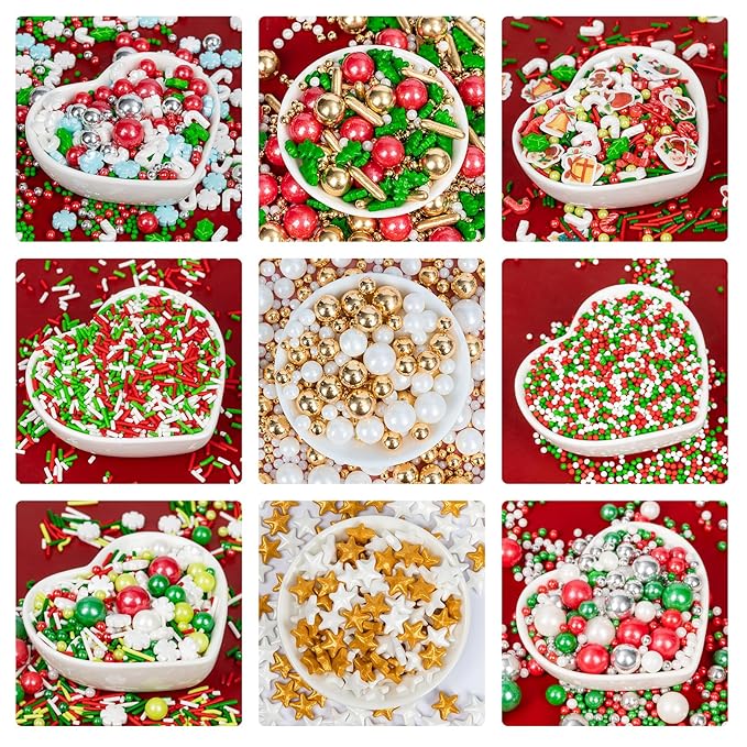 Christmas Snowy Night Sprinkles for Cake Decorating,130g White Snowflake and Red White Green Pearls and Jimmies Mix,Edible Sugar Holiday sprinkle for Cupcake Toppers, Cookie, Ice Cream Decorations Christmas Party