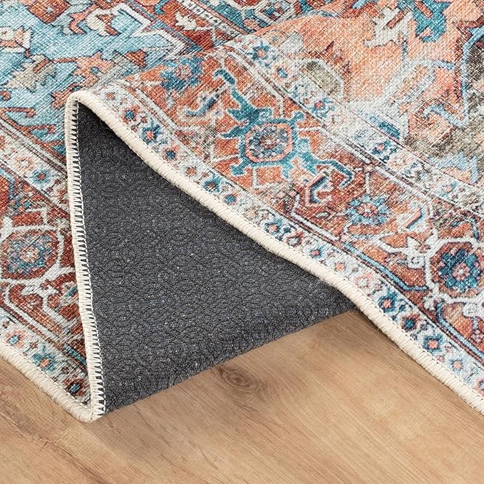 Bloom Rugs Washable Non-Slip 12 ft Runner - Coral/Sky Blue Traditional Medallion Runner for Entryway, Hallway, Bathroom, and Kitchen - Exact Size: 2.5' x 12'
