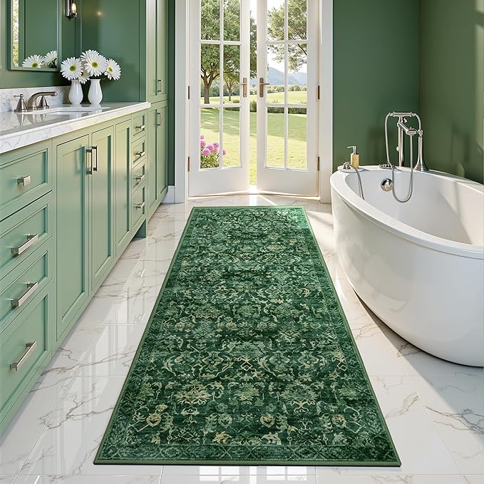 Dark Green 2x6 Runner Rug for Hallways Bed Side Kitchen, Boho Washable Distressed Low-Pile Floor Entryway Long Bathroom Mat, Non-Slip Laundry Room Washstand Front Carpet Green 24x72 Inch