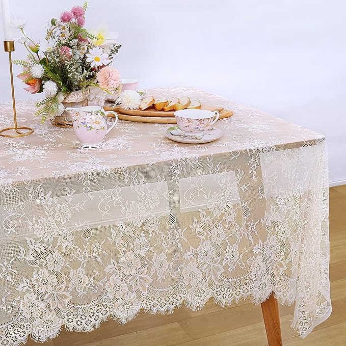 LuoluoHouse Pack of 6 Lace Tablecloth Ivory Table Fabric 60x120 Inch for Rustic Boho Wedding Bridal Shower Party Decorations Rectangle Overlay Long Vintage Embroidered Reception Table Cloth Decor