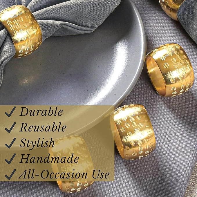 Napkin Rings Set of 12, Metal Napkin Holder Cuffs for Dinner Table Décor, Round Textured Farmhouse Modern Serviette Rings for Christmas, Weddings, Receptions, Daily Use, Gold - ALPHA Living HOME