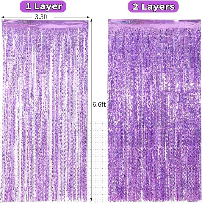 4 Pack Sparkle Wavy Purple Tinsel Curtain Party Backdrop - 3.3X6.6ft Foil Fringe Curtain Party Photo Booth Streamers for Mermaid Euphoria Themed Decorations
