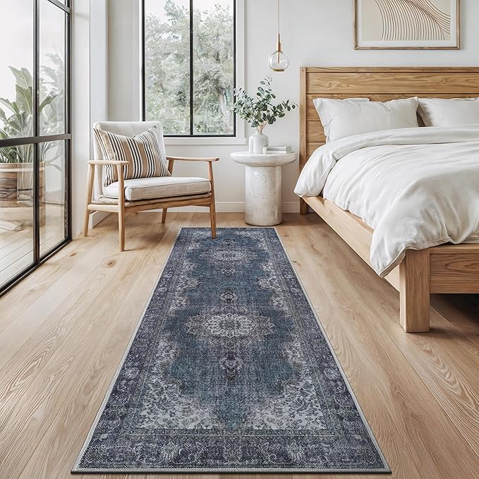 Bloom Rugs Washable Non-Slip 10 ft Runner - Dark Teal Traditional Medallion Runner for Entryway, Hallway, Bathroom, and Kitchen - Exact Size: 2.5' x 10'