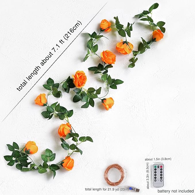 FiveSeasonStuff 29 Ft 4 Pack Mandarin Orange Rose Silk Flower Garland Artificial Flowers Decoration Hanging Floral with 66 feet String Lights