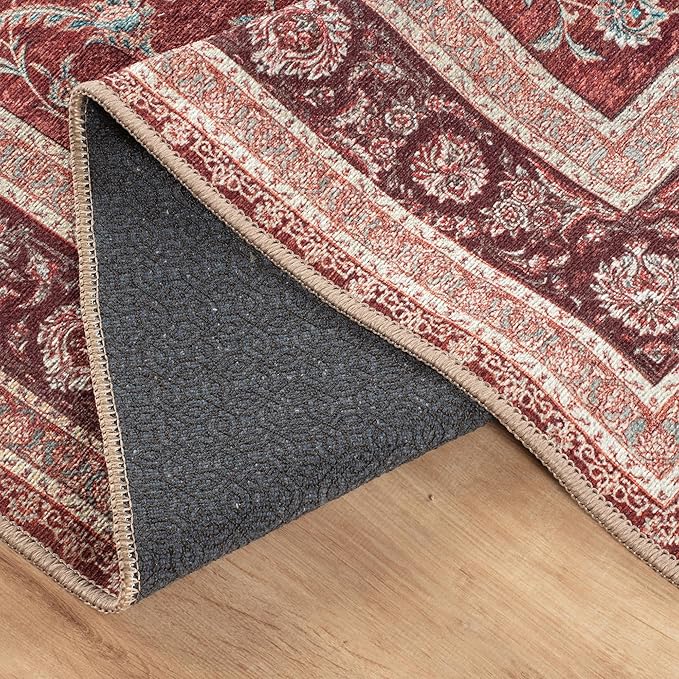 Bloom Rugs Washable Non-Slip 3' x 5' Rug - Red/Beige Traditional Bordered Area Rug for Living Room, Bedroom, Dining Room, and Kitchen - Exact Size: 3' x 5'
