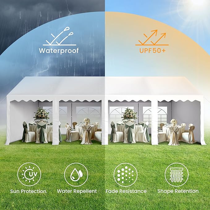PHI VILLA 26'x13' Outdoor Heavy Duty Party Tent Large Commercial Canopy Wedding Event Tent Shelter Canopy Carport with Removable Sidewalls & 3 Storage Bags for Patio Outdoor Garden Events, White