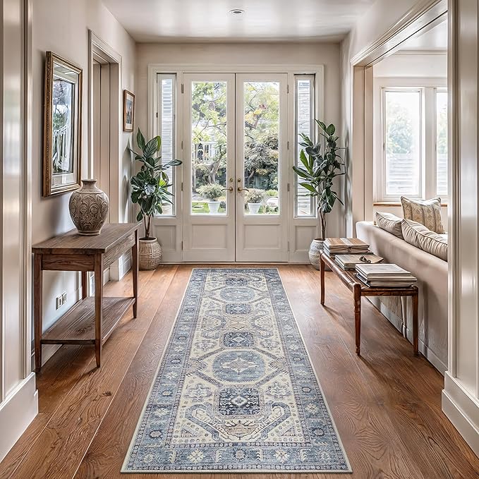 Bloom Rugs Washable Non-Slip 12 ft Runner - Blue/Beige Traditional Oriental Runner for Entryway, Hallway, Bathroom, and Kitchen - Exact Size: 2.5' x 12'