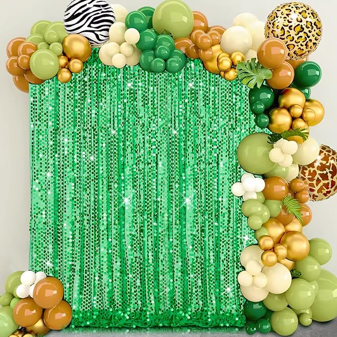 Sequin Curtain Backdrop Green Party Background for Jungle Forest Animals Theme Baby Shower Celebration Party Decorations 4x8FT