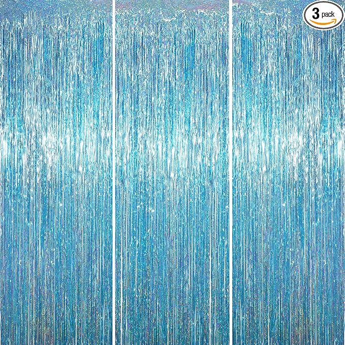 3 Pack 3.3 x 6.6 ft Light Blue Foil Fringe Backdrop Curtains, Tinsel Streamers Party Decorations, Fringe Backdrop for Birthday, Baby Shower, Gender Reveal, Graduation
