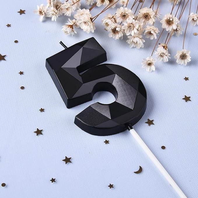PHD CAKE 2.76 Inch Crystal Black 5 Number Birthday Candles, Black Number Candles, Cake Number Candles, Party Celebration