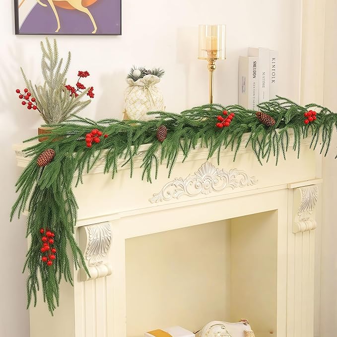 Christmas Decorations Artificial Norfolk Pine Garlands 6FT 2Pcs, Real Touch Winter Pine Garland, Green Artificial Greenery Garland for Table, Mantle, Wall, Indoor, Outdoor Decorations