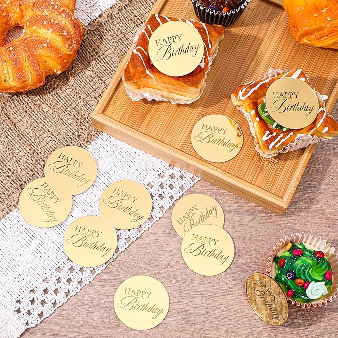 Mirror Round Cupcake Toppers Acrylic Circle Happy Birthday Cupcake Toppers, 20PCS Happy Birthday Cake Decorations, Round Engraved Cake Picks, Reusable Party Supplies, Gold
