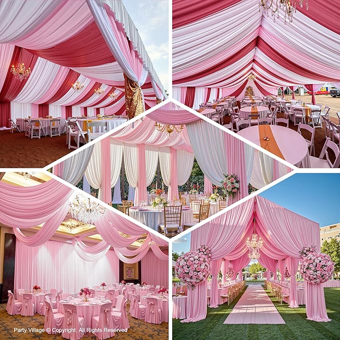 PartyVillage 4 Panels 5ftx30ft Baby Pink Ceiling Drapes for Wedding Parties – 30 FT Extra Long Thick Polyester Wrinkle-Free Drapery Tent Decor Decorations for Birthday Party Ceremony Stage Swag