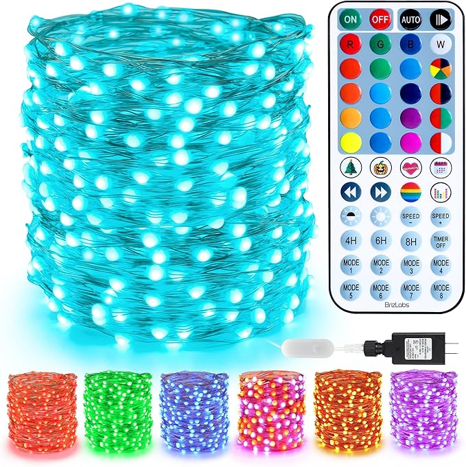 BrizLabs Christmas Fairy Lights - 66ft 200 LED Color Changing Fairy Lights with Remote, Plug-in RGB Rainbow Xmas Twinkle Light Indoor Purple Orange Starry Light for Xmas Halloween Home Party Wedding