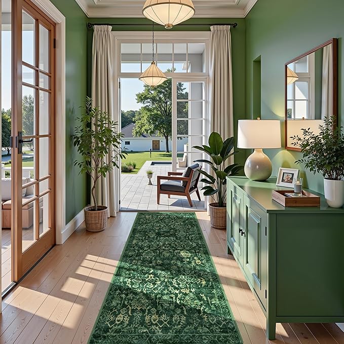 Dark Green 3x7 Runner Rug for Hallways Bed Side Kitchen, Boho Washable Distressed Low-Pile Floor Entryway Long Bathroom Mat, Non-Slip Laundry Room Washstand Front Carpet Green 36x84 Inch