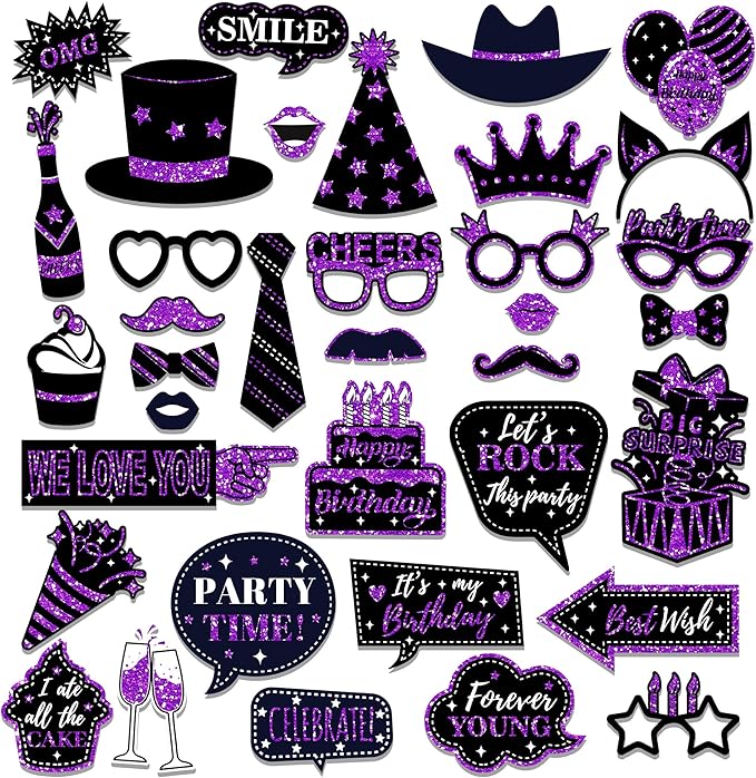 36 PCS Birthday Photo Booth Props Party Supplies Holiday Picture Decorations Photo Booth Props for Birthday Party Favors Pose Sign Kit Fun for Party (Purple and Black)