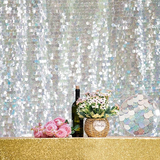 JYFLZQ Iridescent Silver Payette Sequin Backdrop Curtains 4ft x 8ft 2 Panels Shimmer Wall Backdrop Big Sequin Background Thick Glitter Photo Booth Backdrops for Birthday Christmas Wedding Parties