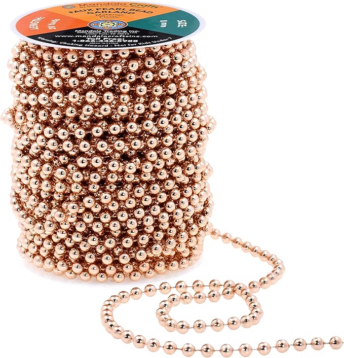 Mandala Crafts 8mm Faux Rose Gold Pearl Beads Roll - 20 Yards Strand of Fake Pearls Chain Garlands Spool String for Christmas Tree, Wedding, Party, Vases, DIY Decoration