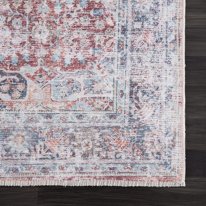 Bloom Rugs Caria Washable Non-Slip 9x12 Rug - Brick/Dark Blue Traditional Area Rug for Living Room, Bedroom, Dining Room, and Kitchen - Exact Size: 9' x 12'