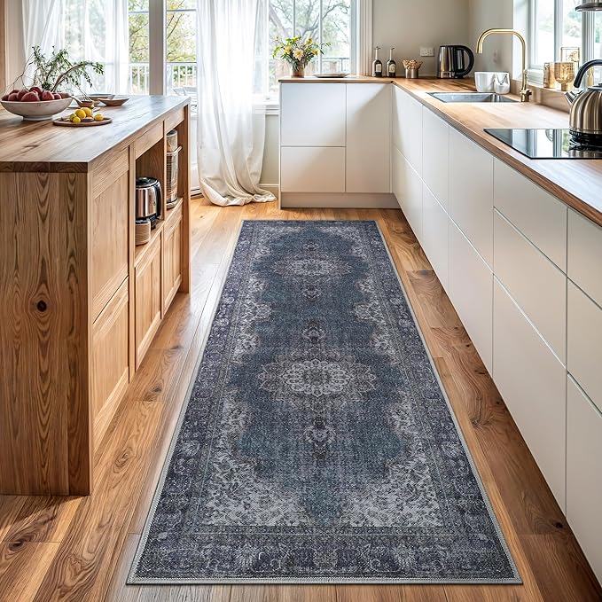 Bloom Rugs Washable Non-Slip 7 ft Runner - Dark Teal Traditional Medallion Runner for Entryway, Hallway, Bathroom, and Kitchen - Exact Size: 2.5' x 7'
