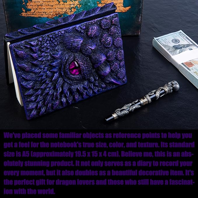 3D Dragon Eye Embossed Journal,Resin Engraving Notebook,Dnd notebook for Dragon Lovers ，Blank Paper,Hardcover Travel Notepad for Writing,Sketchbook,Collection,Gift,Decoration A4 and A5 Size (A5-Dark Purple-Lined-Brooch)
