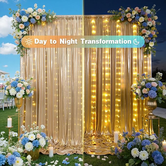 PartyVillage 30x10FT Champagne Gold Sequin Backdrop Curtain with String Lights – 6 Panels 5x10FT Sparkly Wrinkle-Free Glitter Backdrop Drapes for Wedding, Birthday, Photography, Graduation Party Décor