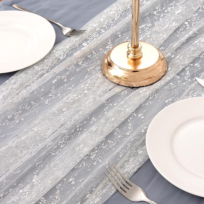 LOMOHOO 10 Ft Silver Table Runner, Silver Sheer Sequin Table Runners 120 Inches Long Glitter Metallic Foil Lace Fabric Table Decor for Birthday Party Wedding Anniversary Centerpiece (1pcs)