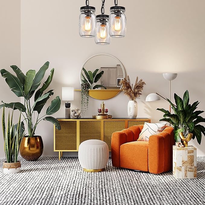 Glass Mason Jar Light Fixtures, 3-Lights Pendant Ceiling Lights Flush Mount - Black Country Farmhouse Lights for Kitchen Dining Room Foyer Stairway Hallway Entryway Porch