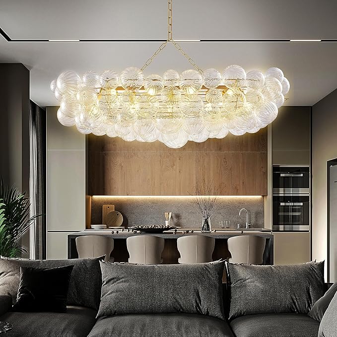 Nordic Bubble Ball Swirled Glass Chandelier, 36" Long Rectangular Chandeliers Island Light Fixture Gold and Clear Blown Glass Large Pendant Light Fixture for Bedroom Study Restaurant Dining Table
