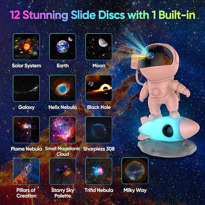 Star Projector, Astronaut Galaxy Projector for Bedroom, 12 in 1 HD Planetarium Projector with Timer & Rocket Night Lights, 360° Rotating Galaxy Star Night Light Projector for Kids Gifts