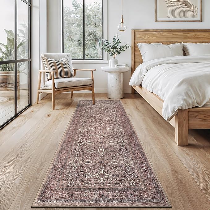 Bloom Rugs Washable Non-Slip 7 ft Runner - Beige Traditional Bordered Runner for Entryway, Hallway, Bathroom, and Kitchen - Exact Size: 2.5' x 7'