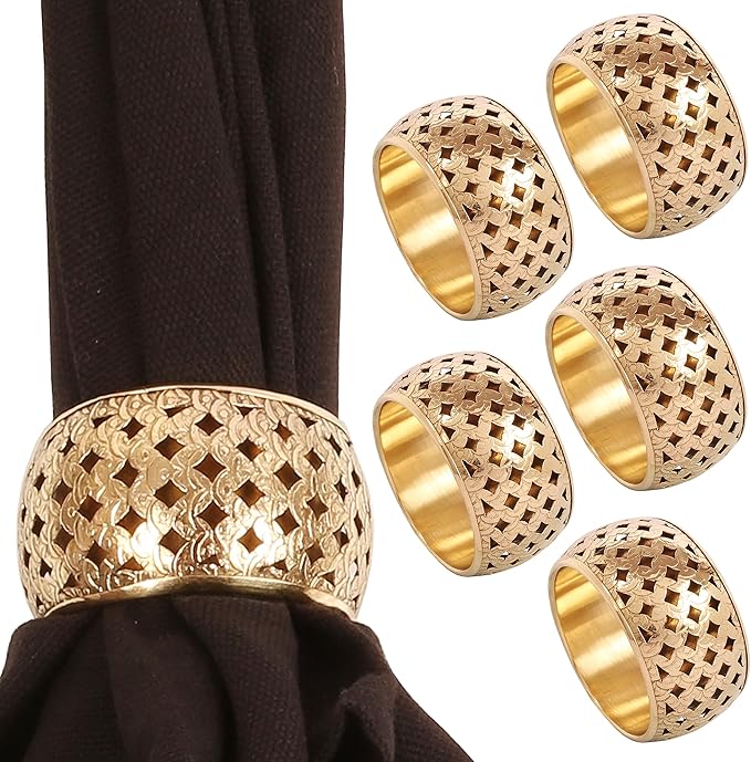 Brass Base Handcrafted Beautiful Hand Cut Mesh Work Large Size Party Dining Table Napkin Holders in Gold Tone. (Set of 6).