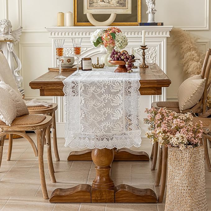 White Elegant Vintage Lace Table Runner,Wedding Lace Decor with Floral Embroidery,Tea Party Decor (White, 13.8X47 Inches)