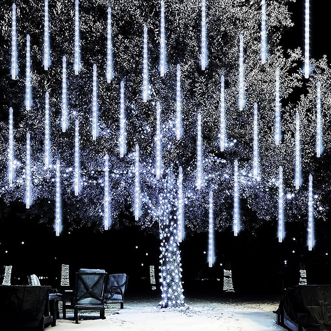 Dazzle Bright Christmas Lights Outdoor, 288LED Meteor Shower Rain Lights 12 Inch 8 Tubes, Waterproof Plug in Falling Icicle Light Christmas Decorations for Xmas Tree Yard House Decor (White)