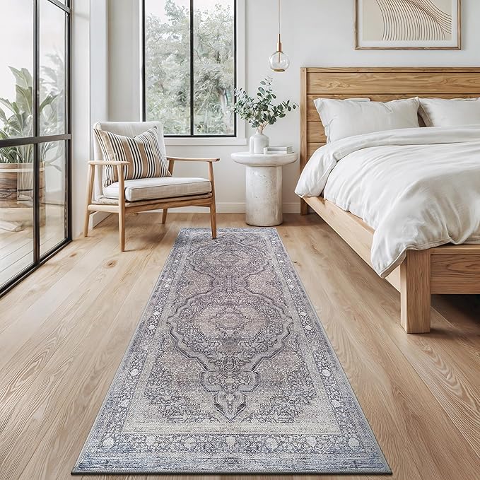 Bloom Rugs Washable Non-Slip 7 ft Runner - Blue/Steel Gray/Beige Traditional Medallion Runner for Entryway, Hallway, Bathroom, and Kitchen - Exact Size: 2.5' x 7'
