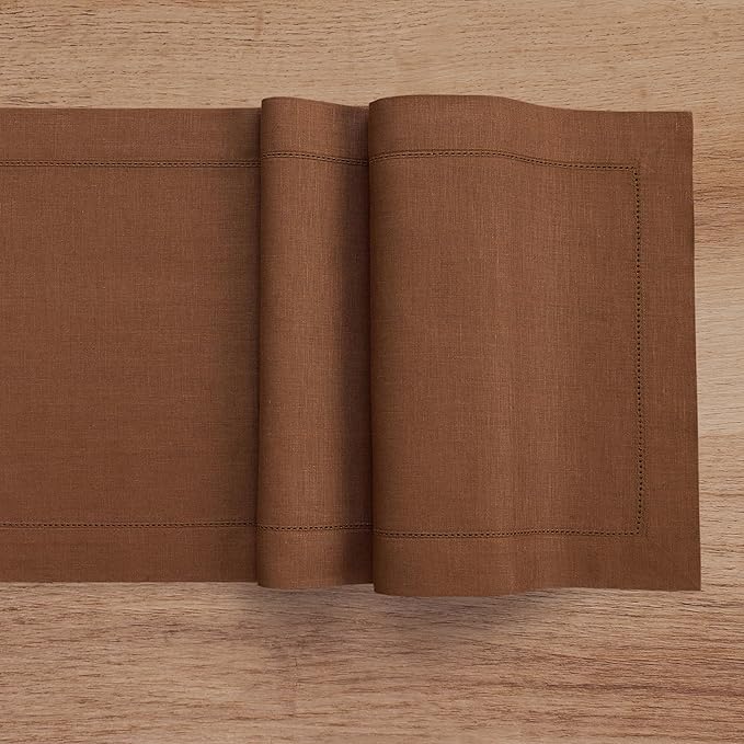 Solino Home Linen Brown Table Runner 90 Inches Long - 100% Pure Linen Hemstitch 14 x 90 Inch Table Runner for Dining, Fall, Autumn, Thanksgiving - Classic Hemstitch