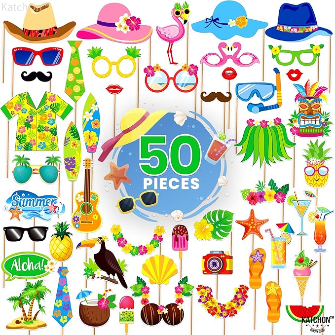 KatchOn, Tropical Hawaiian Photo Booth Props - Pack of 50, Luau Party Decorations | Luau Photo Booth Props for Hawaiian Party Decorations | Luau Photo Props, Aloha Party Decoration, Summer Party Décor