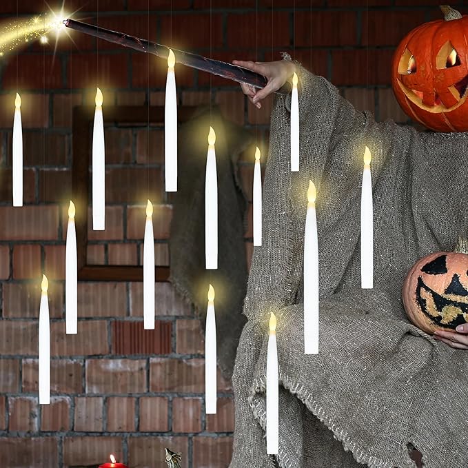 JOYIN 20Pcs Halloween Floating Candles with Wand Remote Flickering Warm Light Taper Magic Hanging Candles with 2 Light Mode and Timer Flameless LED Candle for Halloween Window Decorations Party Gift