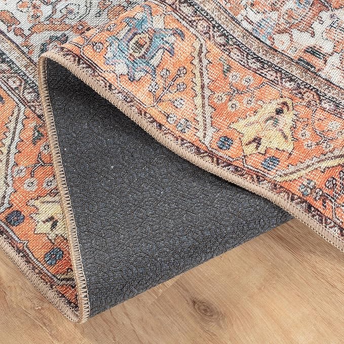 Bloom Rugs Washable Non-Slip 12 ft Runner - Orange Traditional Bordered Runner for Entryway, Hallway, Bathroom, and Kitchen - Exact Size: 2.5' x 12'