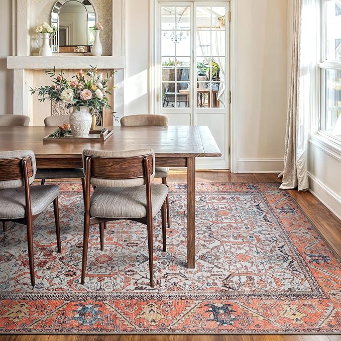 Bloom Rugs Washable Non-Slip 9' x 12' Rug - Orange Traditional Bordered Area Rug for Living Room, Bedroom, Dining Room, and Kitchen - Exact Size: 9' x 12'