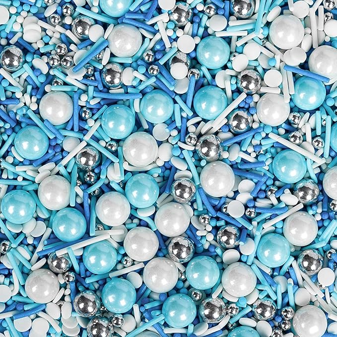 Edible Blue Silver White Sprinkles,Winter Jimmies Pearls Mix,130g/4.58oz,Perfect for Cake Decorations,Cake and Cupcake Sprinkles with Assorted Shapes and Sizes for Parties Baking, Ice Cream, Cookies, Cupcake Topper