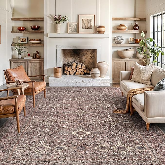 Bloom Rugs Washable Non-Slip 9' x 12' Rug - Beige Traditional Bordered Area Rug for Living Room, Bedroom, Dining Room, and Kitchen - Exact Size: 9' x 12'