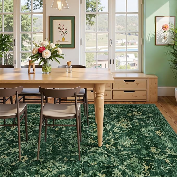 Dark Green Area Rugs 8x10 Rugs for Living Room, Traditional Washable Rugs for Bedroom Distressed Large Area Rug Living Room Rug Non Slip Rug Carpet for Dining Nursery